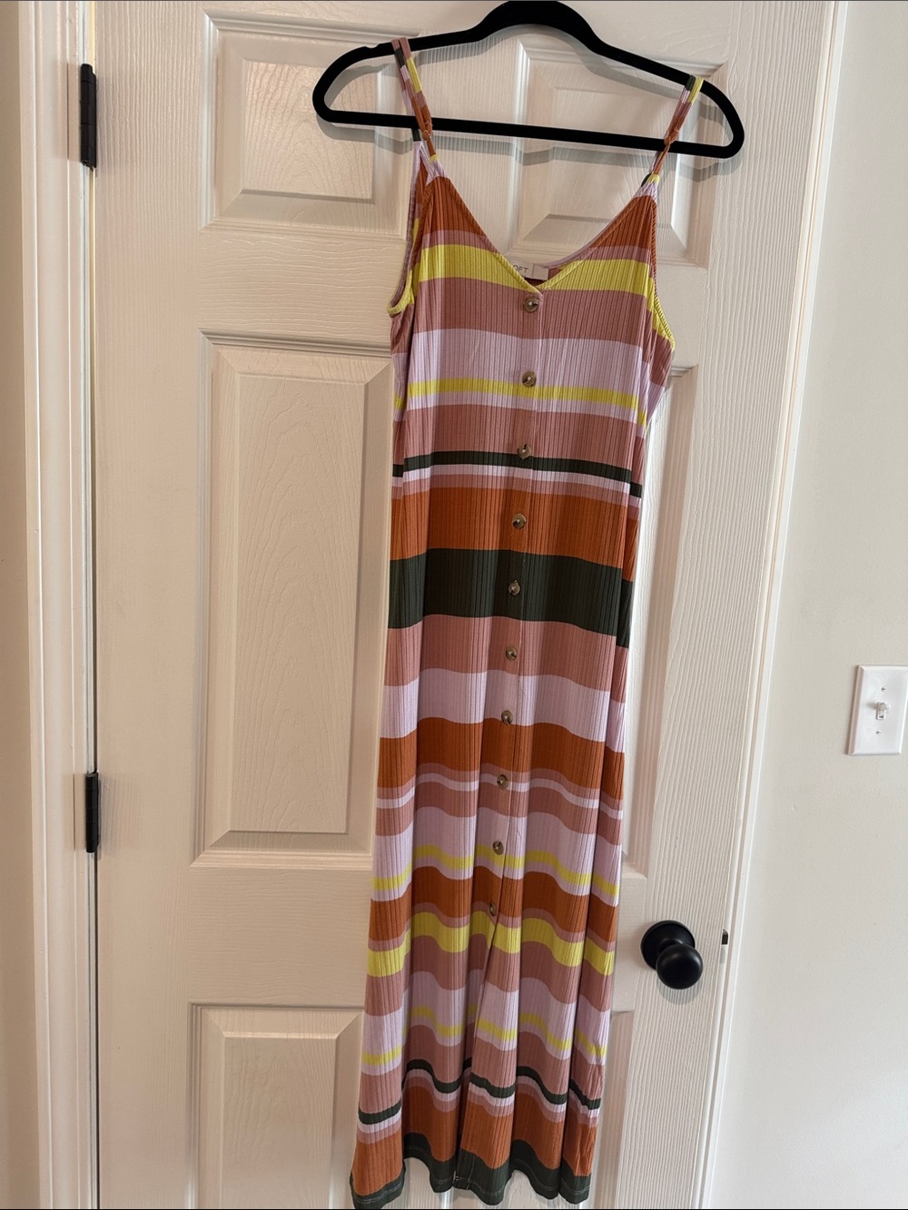 LOFT Striped Button-Front Maxi Dress in Rust, Pink, Olive, and Yellow